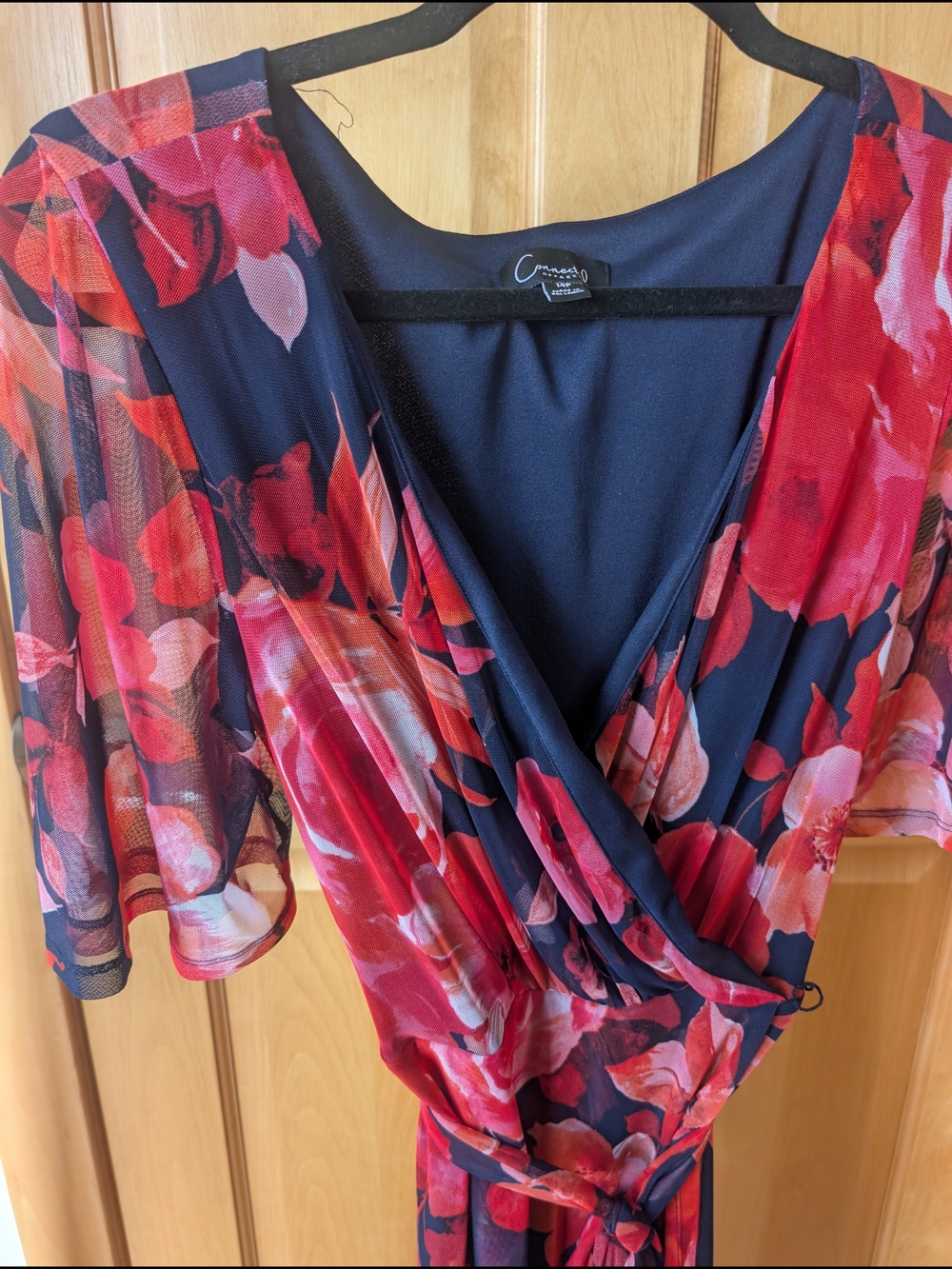 connected apparel Navy and Red Floral Midi Wrap Dress with Flutter Sleeves - Picture 3 of 9